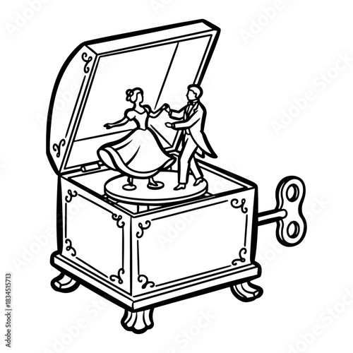 Vintage mechanical music box with dancing couple figurines vector black and white sketch of antique musical toy with winding key