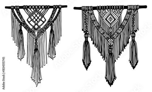 Set of handmade macrame wall hangings with fringe vector boho style home decoration featuring knotted cotton cords on wooden dowel