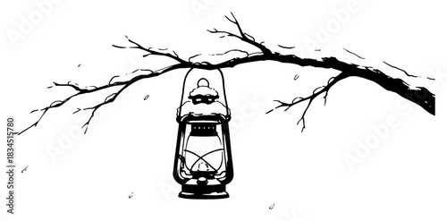Vintage oil lantern hanging on snow covered tree branch winter landscape vector illustration in black and white sketch style