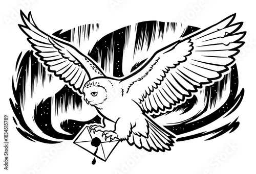 Snowy owl flying with magic letter in claws against Northern Lights sky background
