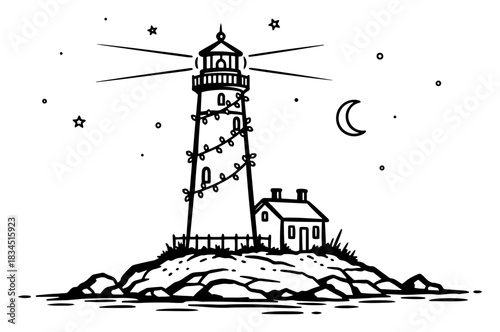 Hand Drawn Lighthouse Decorated with Christmas Lights on Rocky Island at Night Vector Illustration of Festive Nautical Landscape