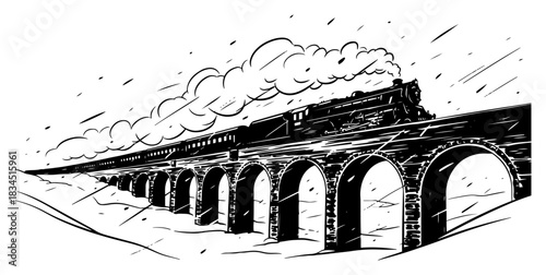 Steam train locomotive crossing stone arch viaduct bridge in snowy winter landscape line art illustration