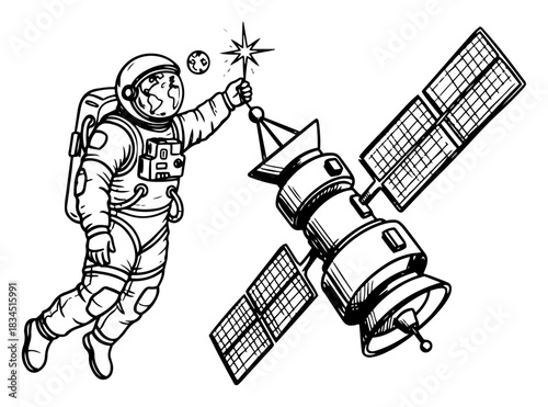 Astronaut floating in space placing a star on top of satellite antenna like a Christmas tree decoration vector illustration