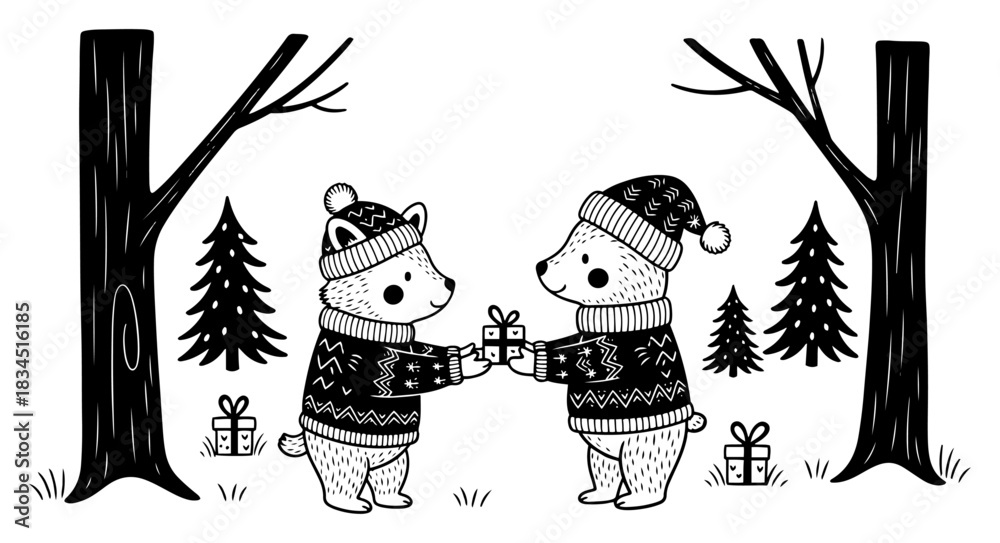Naklejka premium Cute Hand Drawn Bears Wearing Sweaters Exchanging Christmas Gifts Vector Illustration of Winter Forest Scene