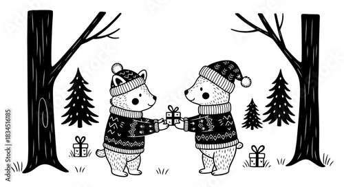 Cute Hand Drawn Bears Wearing Sweaters Exchanging Christmas Gifts Vector Illustration of Winter Forest Scene