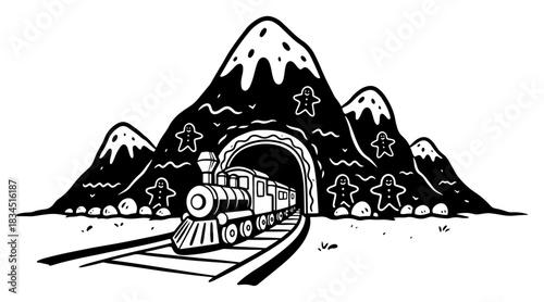 Steam train locomotive exiting mountain tunnel decorated with gingerbread men for Christmas holiday