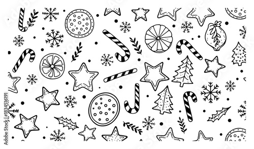 Christmas seamless pattern background with gingerbread cookies candy canes and dried orange slices