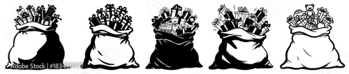 Set of Santa Claus Sacks Full of Gifts Vector Collection of Christmas Bags with Present Boxes in Black and White
