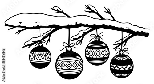Hanging Christmas baubles with geometric patterns on snowy tree branch winter decoration vector illustration