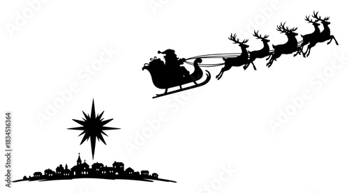 Santa Claus flying in sleigh with reindeer silhouette over small town village and bright North Star