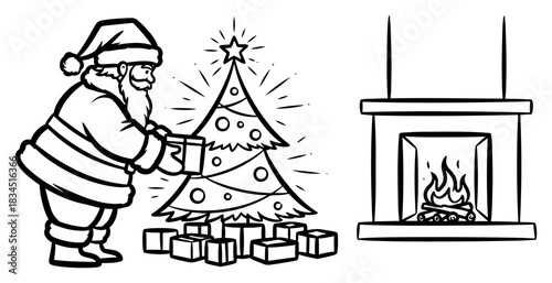 Santa Claus placing gifts under Christmas tree near burning fireplace line art illustration for holiday coloring page