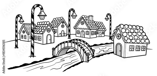 Cute gingerbread village with candy cane streetlights and small bridge vector black and white line art illustration for christmas coloring book