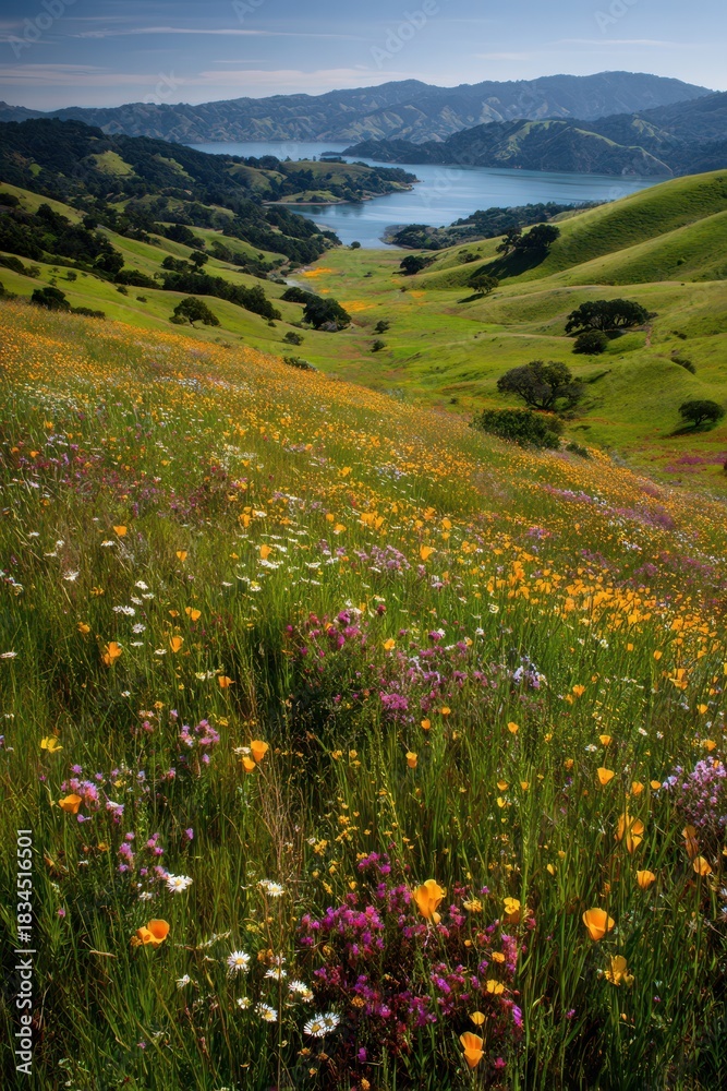 Fototapeta premium Awakening Spring Fields: Vibrant Wildflowers Blanket Marin County Hills in California