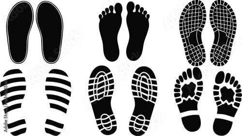 Flat silhouette vector art close up top view multiple footprint and shoe sole patterns arranged in two rows showing different tread textures and barefoot shapes black graphic