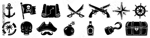 Set of Pirate and Nautical Icons Vector Collection of Black Silhouette Symbols Including Skull Anchor Map and Treasure Chest