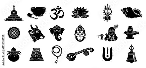 Hindu religious symbols collection featuring Ganesha Shiva Om and temple icons in black silhouette style