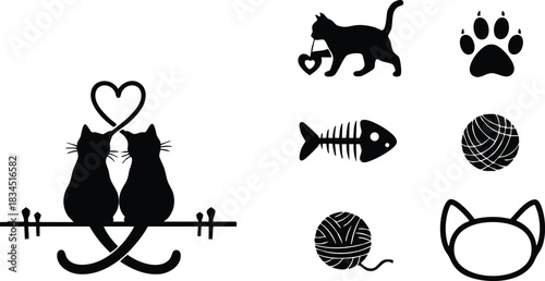 Minimalist silhouette vector icons side view two black cats sitting facing each other with intertwined tails forming heart on fence plus paw print fish skeleton yarn