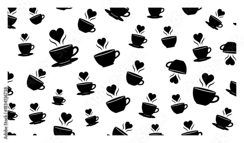 Hot coffee cup seamless pattern with heart shaped steam illustrating love for morning caffeine drink and breakfast time