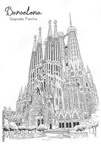 Hand drawn Detailed Sagrada Familia Basilica Landmark in Barcelona Cityscape Outline