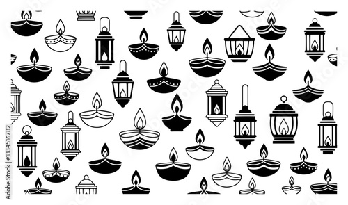 Traditional Diwali festival seamless pattern with oil lamps and lanterns vector Indian holiday background with Diya icons and Deepavali celebration texture