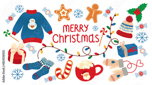Snowman sweater, socks, hat, garlands, gingerbread cookies, garlands, candies, cocoa with marshmallows. Christmas mood. Inscription: "Merry Christmas"