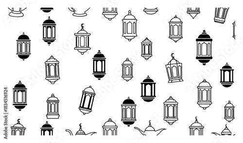 Set of Decorative Islamic Lanterns and Lamps Vector Collection of Arabic Ramadan Symbols and Mosque Silhouettes