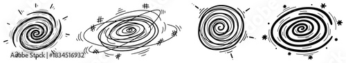 Set of Hand Drawn Spiral Swirls and Confusion Marks Vector Collection of Sketchy Dizziness and Hypnosis Symbols