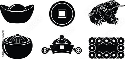 Flat silhouette icon close-up of six chinese new year wealth symbols including yuanbao square coin money frog lidded ingot coin grid decorative banner in high-contrast black