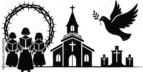 Minimalist silhouette vector front view church with three choir singers facing crown and thorns, dove and olive branch, cemetery crosses, easter worship scene in stark black