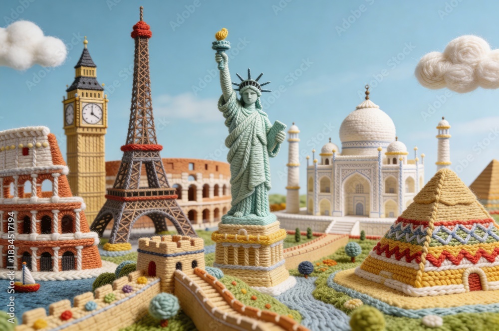 Obraz premium whimsical knitted world, 4K ultra-detailed, World-famous landmarks recreated entirely from knitted materials, every structure and detail made of soft yarn, wool textures, knitted patterns and crochet 
