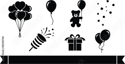 Flat silhouette party icon set with heart balloons, teddy bear holding balloon, confetti burst, gift box and notched ribbon banner, centered layout, landscape orientation, minimalist monochrome