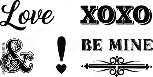 Vintage typography sheet close-up showing black script 'love' and bold stamped xoxo with ornate ampersand exclamation mark and decorative flourish in valentine's victorian high-contrast vector artwork