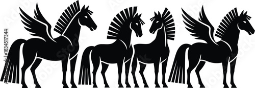 Black silhouette of mythical winged horses and fantasy steeds in a row