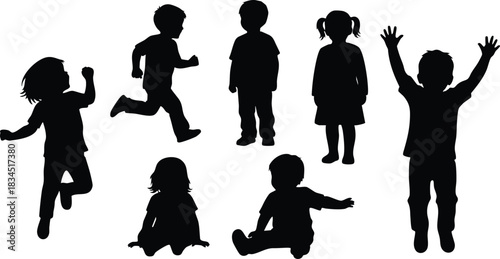 Silhouette vector of seven children in varied play poses including running jumping sitting arms raised side profiles pigtail girl centered black on white landscape orientation group
