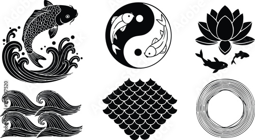 Tattoo flash japanese koi showing leaping koi with splash, yin yang koi circle, lotus with koi silhouettes, paired waves, scale tile, woven wreath, monochrome ink motif