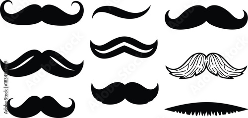 Flat silhouette mustache set showing nine distinct styles close up top view assorted mustaches solid black silhouettes arranged in grid icons