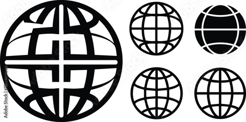 Flat icon set of six globe symbols showing a large thick-lined globe with crossbars plus five grid variations, front view, black silhouette, centered composition, minimalist vector