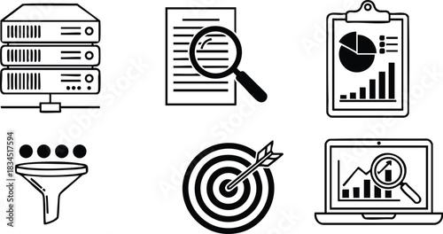 Minimal line icon set with black outline showing stacked servers, magnified document, analytics clipboard, funnel, bullseye target with arrow, laptop analytics, landscape orientation t