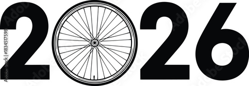 Year 2026 creative design featuring a bicycle wheel cycling future concept