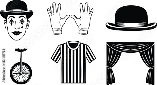 Minimalist line art circus icon set showing front facing mime face with painted tears, palms out gloves, bowler hat, side view unicycle, striped shirt, stage curtain black and white