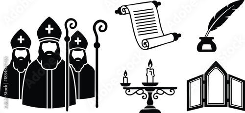 Flat silhouette icon set showing three bearded bishops wearing mitres and holding crozier, scroll and quill, plus candelabrum, triptych and inkpot in horizontal layout centered composition