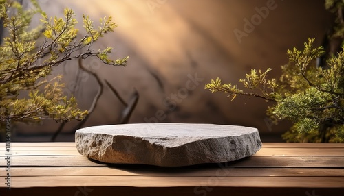 rough stone round empty platform displays on wooden table with branches background for product showcase copy space design advertising
