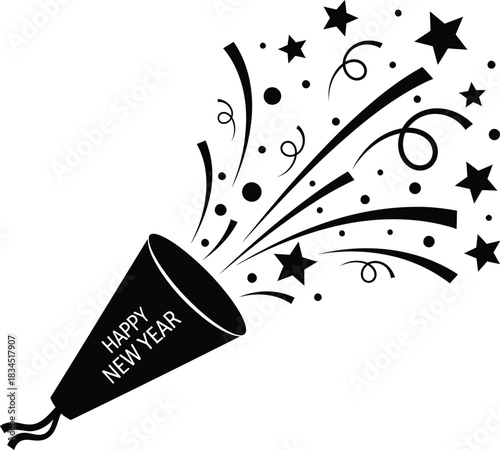 Graphic black happy new year popper exploding with festive confetti and stars