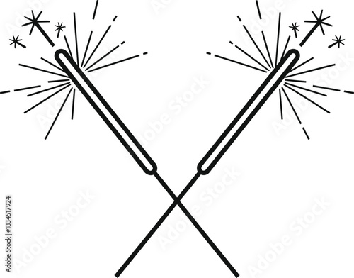 Elegant line art illustration of two crossed sparklers igniting bright festive sparks