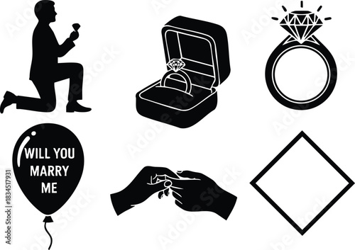 Minimalist silhouette vector set showing kneeling man proposing, open ring box close-up, sparkling diamond ring, marry me balloon, ring exchange, tilted diamond frame