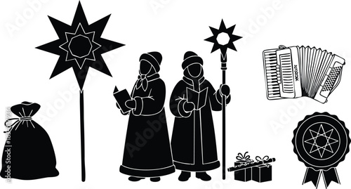 Silhouette vector close-up of two carolers in long coats holding star lantern and songbook, side view, accordion, gifts and sack, christmas procession scene, monochrome festive mood