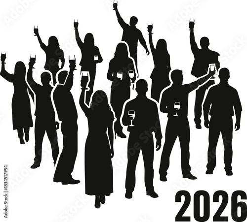 Excited crowd silhouettes celebrating new year or future event 2026 together