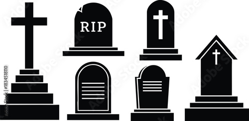 Flat icon set of seven black tombstone silhouettes including stepped cross monument, rounded rip headstone, arched plaque with inscription lines, chapel marker, front facing centered composition
