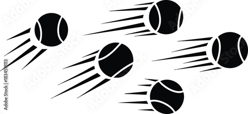 Flat design diagonal close-up five tennis balls mid-air with varied motion trails low-angle staggered spacing black silhouette crisp vector lines minimalist sporty mood high-contrast dynamic