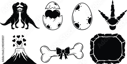Stencil silhouette icons mirrored pterodactyls facing inward, cracked heart egg, speckled dinosaur egg, three toed footprint, heart erupting volcano, bow tied bone and octagonal turtle shell